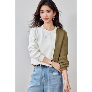 Real shot ◆ in stock ◆ 2024 autumn new casual simple stitching contrast color fashion Joker crew neck jacket