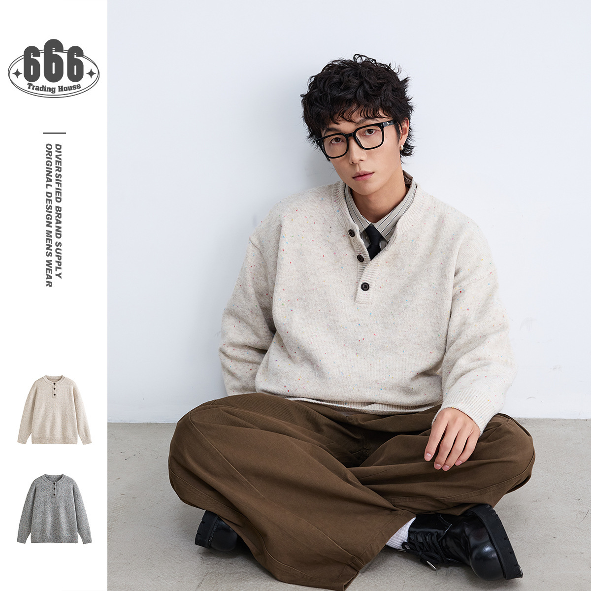 Answer Me Winter Trendyy Simple American Retro Preppy Style Knitwear Men's Henley Collar Colorful Dot Knitwear M52