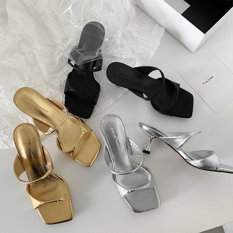 Genuine Leather High Heel Slippers Women's Thin Heel Sandals Summer New Leather Open Toe Square Toe Golden Sandals Genuine Leather High Heel Slippers Women's Thin Heel Sandals Summer New Leather Open Toe Square Toe Golden Sandals