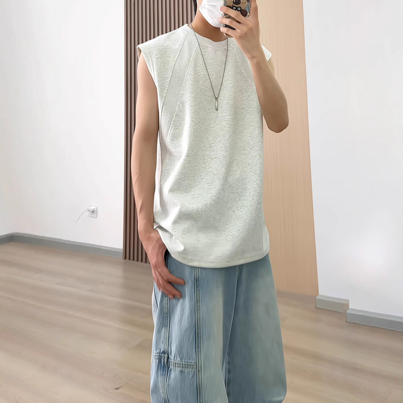 Boxy Deconstructed Patchwork Sleeveless T-Shirt for Men, Summer Trendy American Style Loose Youth Sports Vest Boxy Deconstructed Patchwork Sleeveless T-Shirt for Men, Summer Trendy American Style Loose Youth Sports Vest