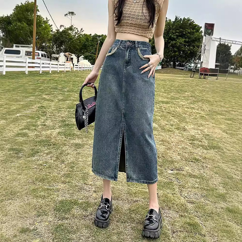 レトロスリットデニムスカート女性用夏薄手2025新作ハイウエスト痩身ミッドレングスAラインヒップスカート|undefined