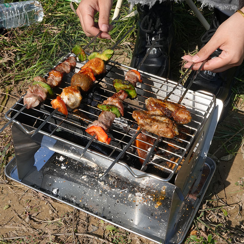 Barbacoa de acero inoxidable engrosada al aire libre, kebab, fácil de transportar y almacenar, estufa de tarjeta, parrilla de inserción de asa doble