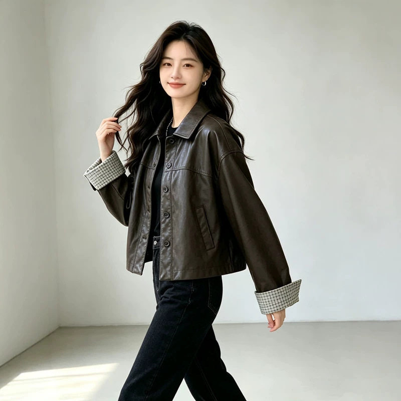 Áo khoác da PU nữ dáng ngắn cổ bẻ, phong cách Hàn Quốc, thời trang casual, dáng rộng, dễ phối đồ, retro, mùa thu — Màu nâu cà phê, màu đen