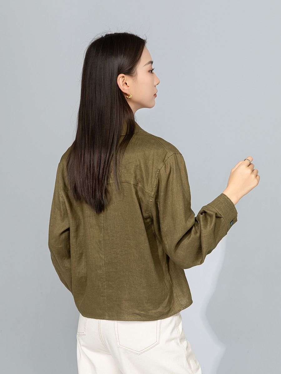 Áo sơ mi nữ vải lanh mỏng cổ polo tay dài rộng rãi phong cách xuân hè — Xanh ô liu
