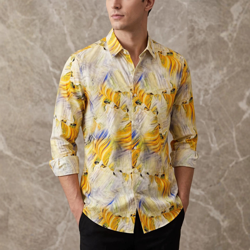 Men's new light-luxury yellow inkjet print long-sleeve shirt, high-end all-cotton comfortable casual men's shirt Men's new light-luxury yellow inkjet print long-sleeve shirt, high-end all-cotton comfortable casual men's shirt