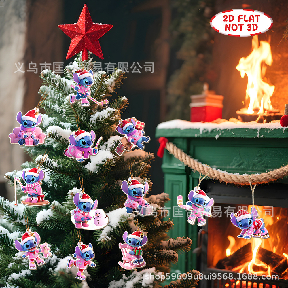 24 piezas de madera decoración de árbol de Navidad rosa sticky juego de dibujos animados de madera decoración de Navidad colgante