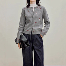 茵曼温柔甜美蘑菇刺绣圆领毛衣外套女2025年秋季新款长袖针织开衫