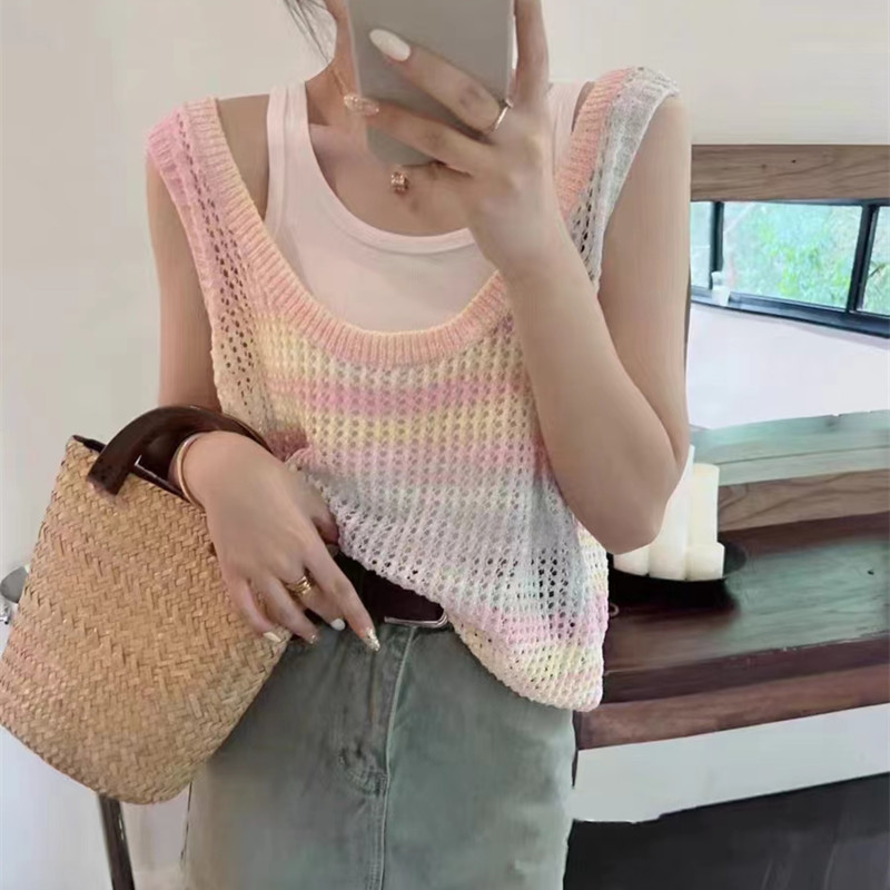 2024 Holiday Style Fashionable Hollow Striped Knitted Vest Women's Summer Sunscreen Pullover Blouse Sleeveless Waistcoat Vest