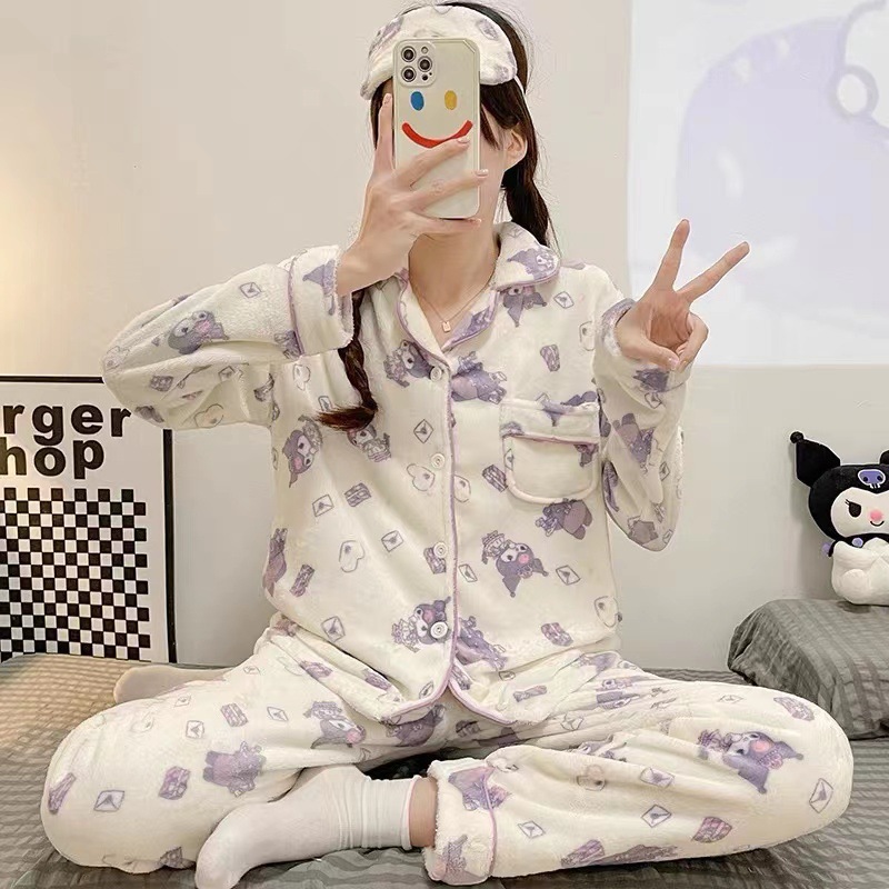 Pijamas de Coral para Mujer, Otoño e Invierno 2025, Nuevo Estilo, Franela Gruesa con Forro Polar, Conjunto de Ropa de Estar con Dibujos Animados, Se Puede Usar en Exteriores. image 14