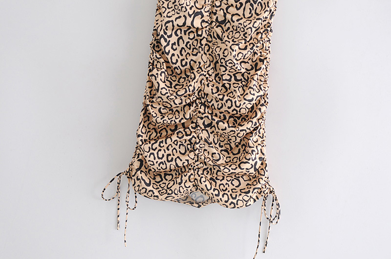 Fashion Photo Color Leopard Print Lace Stitching Three-dimensional Steel Ring Drawstring Pleated Sling Dress
