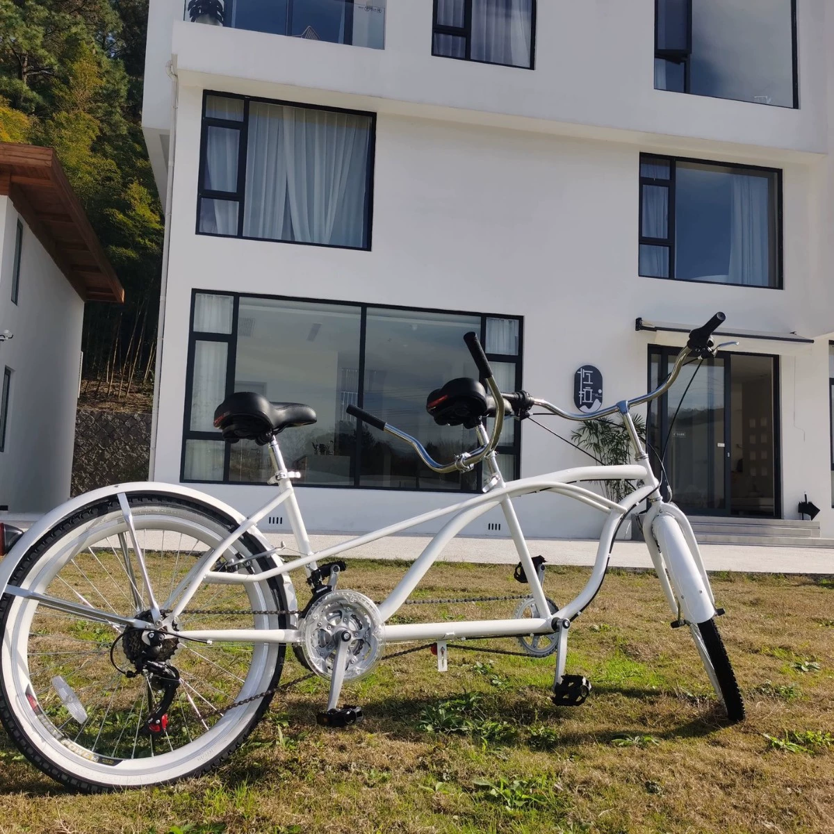 Белый tandem велосипед для отдыха, ностальгия
