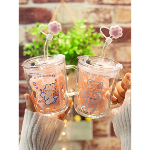Ins Glass Cup High Beauty Value Small Fresh Transparent Cup Handle Water Cup Suction Tube Household Scale Milk Cup