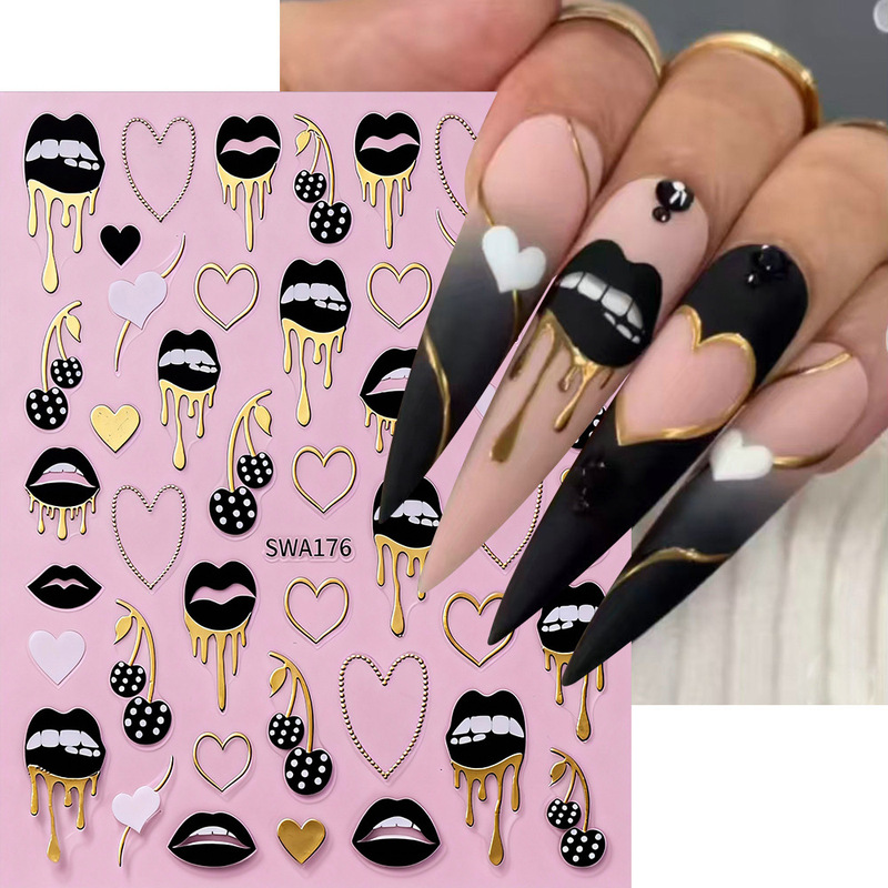 New Dark Heart Valentine's Day Nail Art Stickers with Gold Stamping, Rose Gold Punk Style Lip Print, Cherry Nail Art Stickers