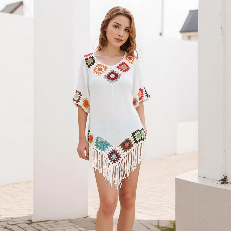 Knitted White Floral Cover-Up V-Neck Loose Crochet Fringe Top for Women, Vacation Style, Japanese and Korean Style, Loose Fit