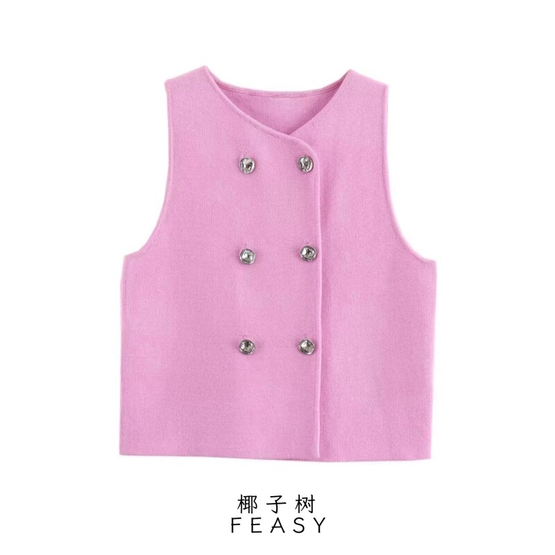 Amazon Cross-border Foreign Trade European and American Women's 2024 Summer New Street Fashion V-Neck Double-breasted Sweater Vest