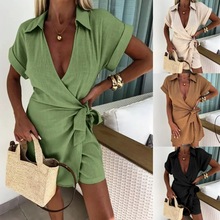 跨境欧美女装2024春夏新款系带翻领连体裤休闲风宽松度假连体裤女