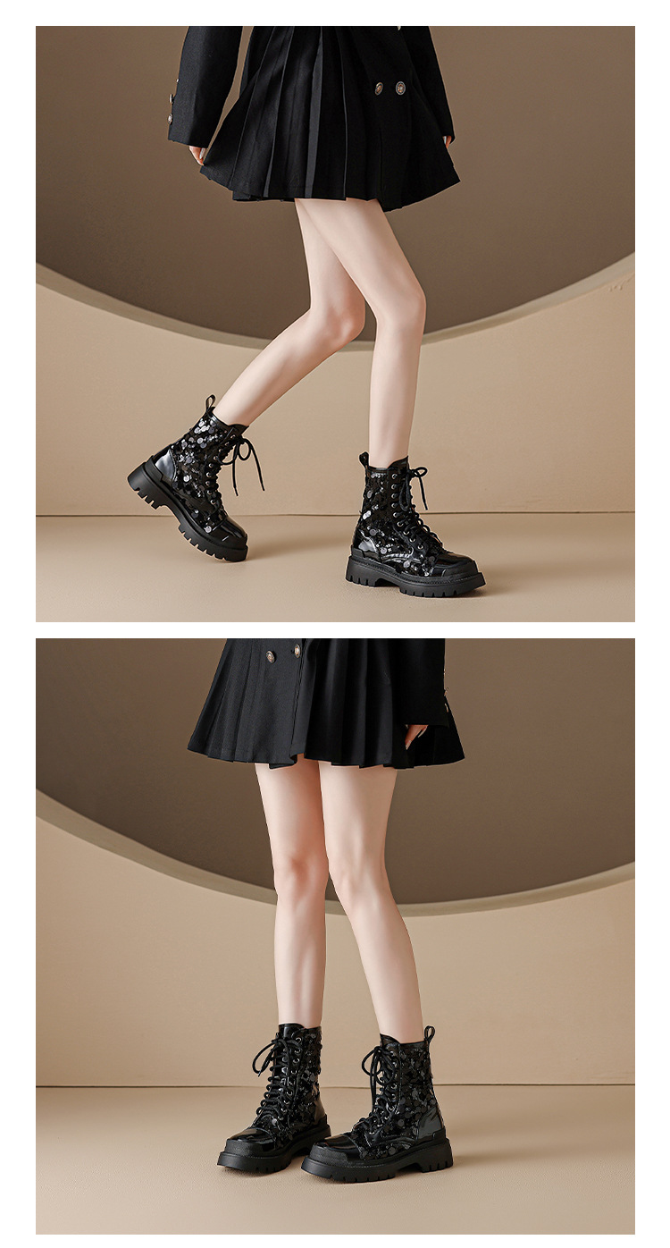 Boot nữ cổ thấp hở mũi dây buộc đế platform cao 5 cm màu bạc sequin — màu đen, bạc chi tiết 10
