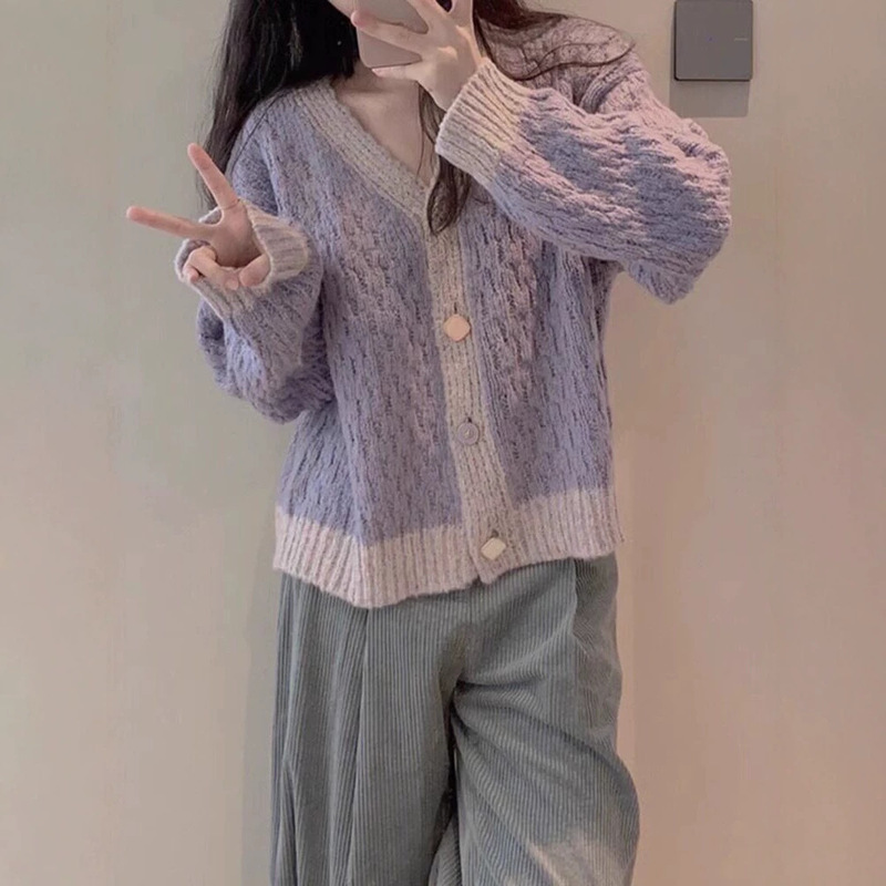 202 new model 6 taro purple sweater coat, unique retro chic style knitted cardigan for women, high-end button top