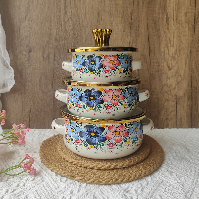 加厚三件套珐琅搪瓷锅双耳汤锅煮炖锅泡面碗小火锅猪油碗家用汤碗