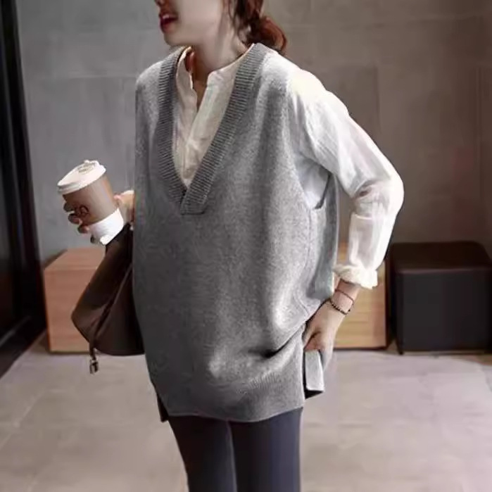 2025韩版V领马甲女秋冬外穿中长款宽松大码针织毛衣背心宽松显瘦|undefined
