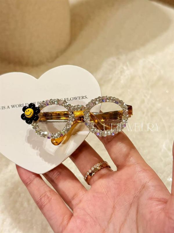 闪亮高级水钻眼镜侧边刘海边夹女可爱卡通太阳花复古气质鸭嘴夹子|undefined