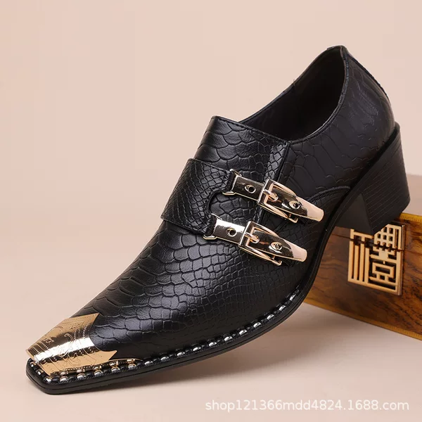 Cross-Border Men's Crocodile Pattern Buckle Dress Shoes, Metal Pointed Toe High Heels, Foreign Trade Dropshipping