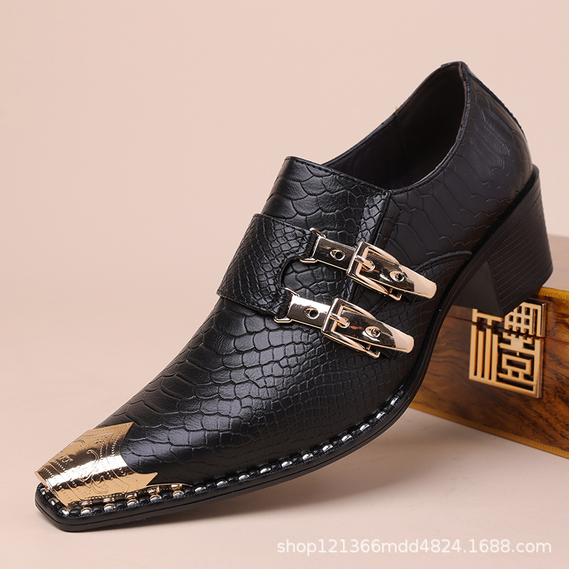Cross-Border Men's Crocodile Pattern Buckle Dress Shoes, Metal Pointed Toe High Heels, Foreign Trade Dropshipping