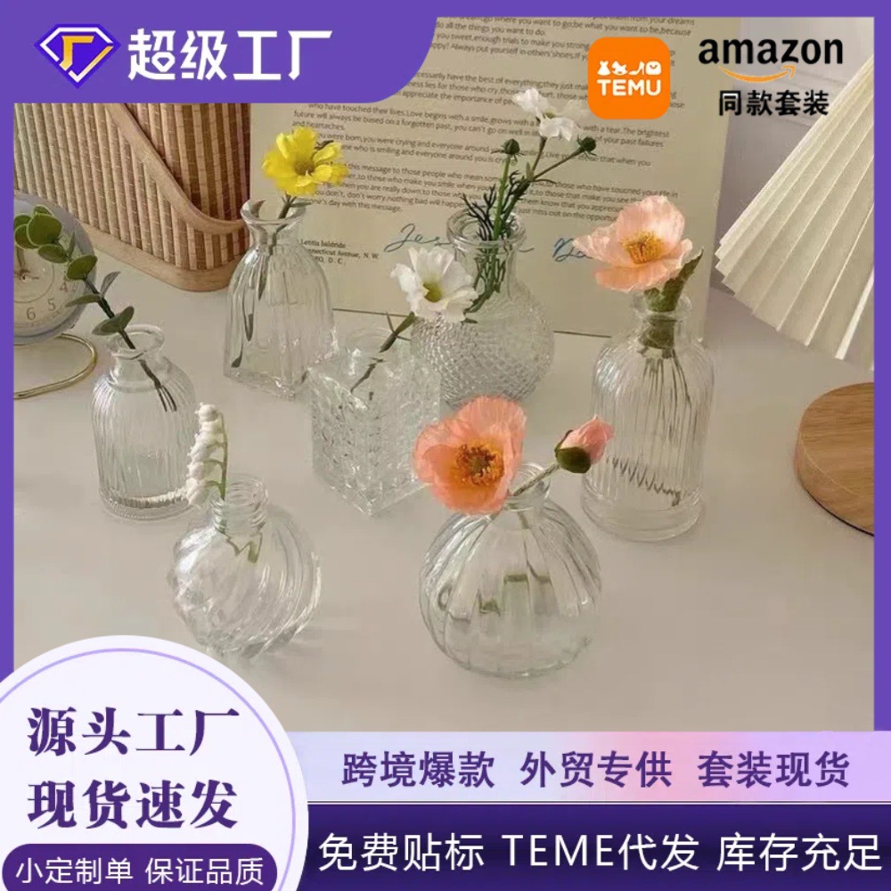 Venta al por mayor botella de aromaterapia vintage jarrón de vidrio transparente en relieve flor seca flor arreglo floral ins estilo Decoración Accesorios de cámara