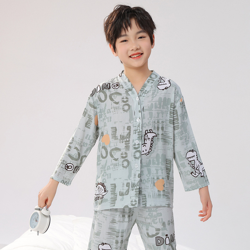 Long-Sleeve Cotton Pajamas, Air-Conditioning Clothing, Summer Family Set for Four, Baby and Parent-Child Matching Outfits, Thin Children's Cotton Gauze Pajamas