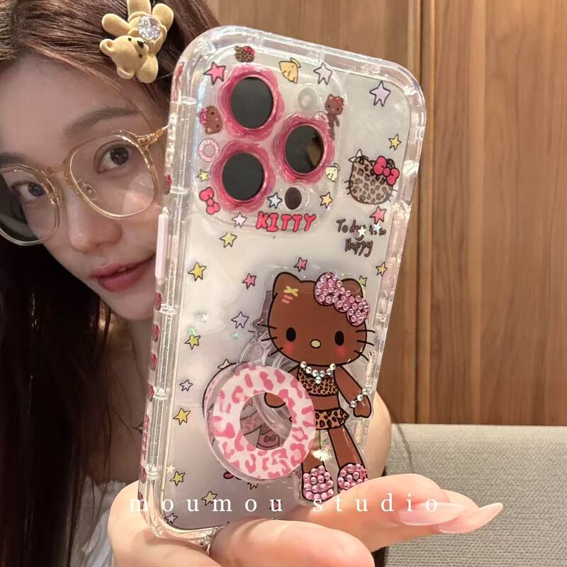 Cute Cartoon Leopard Print Swimming Ring Black Leather Cat Holder Suitable for Iphone16Promax Apple 15 Mobile Phone Case 14