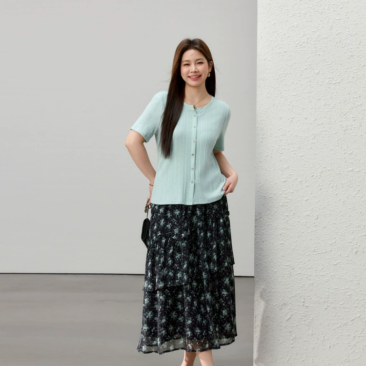 [Костюм для чайной паузы в стиле ретро] Нежная трикотажная юбка с принтом, тонкая и эффектная, размера плюс, новый летний стиль толщиной мм