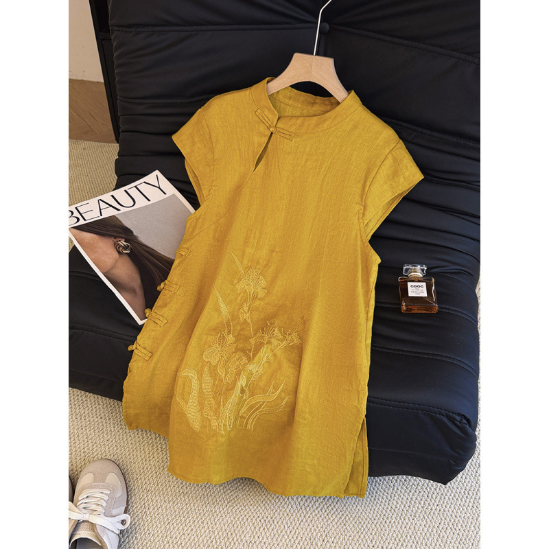 New Chinese-style buttoned sleeveless linen top for women, summer new loose lightweight high-end cotton-linen shirt vest