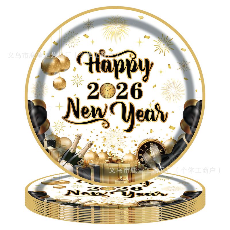 2026新款Happy New Year新年派对餐具倒计时聚会黑金新年派对桌布|undefined