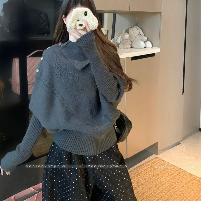 长袖针织上衣女2025新款慵懒风高领编织秋季宽松显瘦百搭休闲毛衣