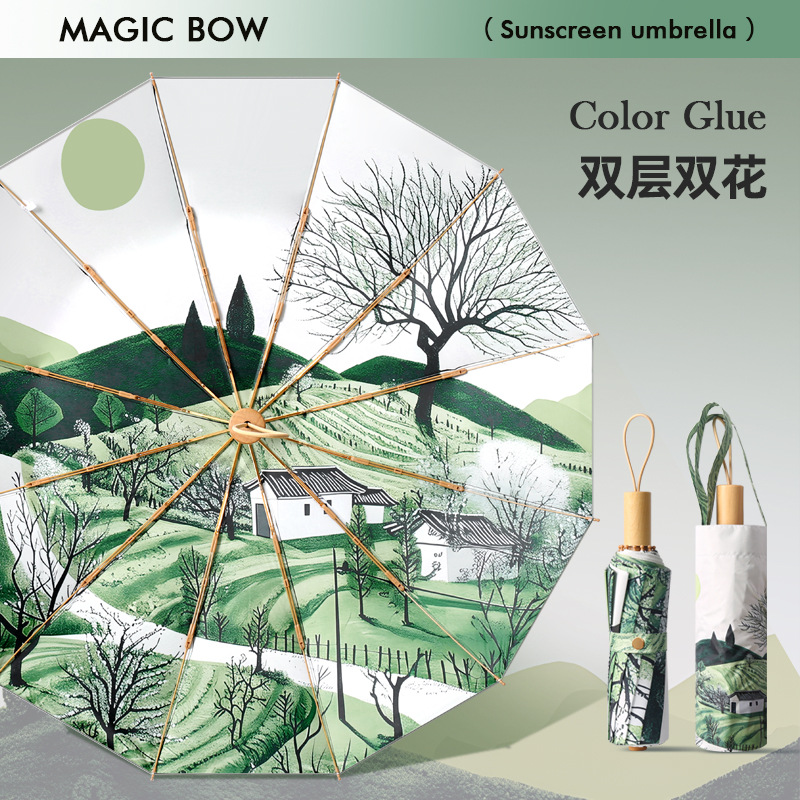 Paraguas plegable de doble capa con 24 varillas, resistente al viento y al sol, venta al por mayor para mujeres