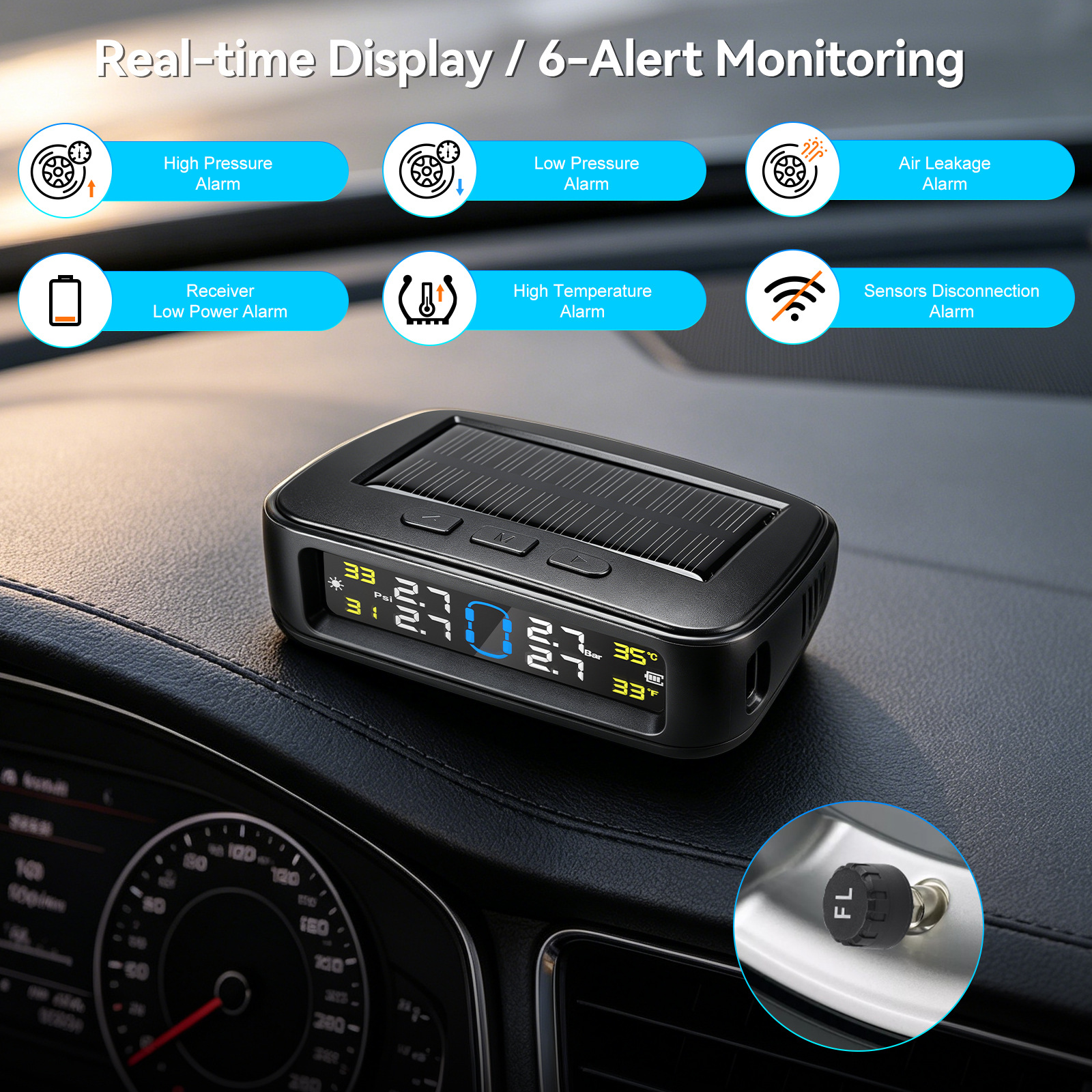 Woliip Solar Tpms Car Tire Pressure Monitoring System Wireless Sensor High-Precision Digital Display