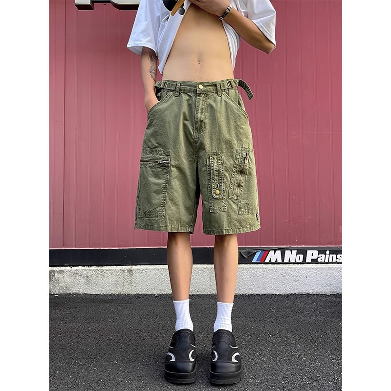 Summer Washed Zipper Multi-Pocket Deconstructed Cargo Shorts for Men, Wide-Leg Loose Five-Point Pants, Distressed Retro Straight-Leg