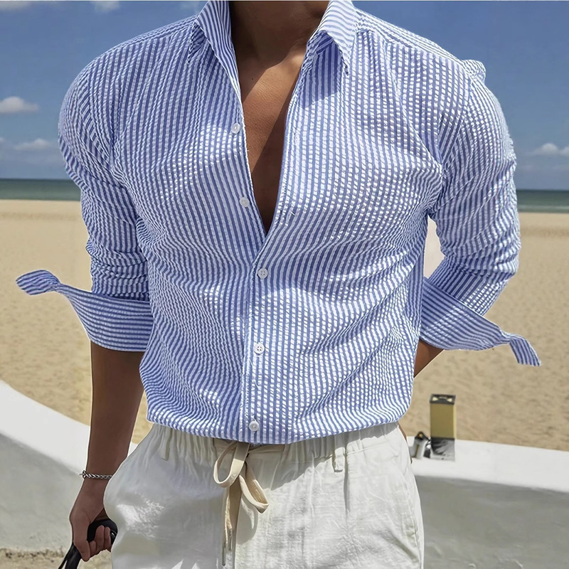 2025 Cross-Border Amazon Men's Fashion Striped Cardigan Lapel Long Sleeve Shirt