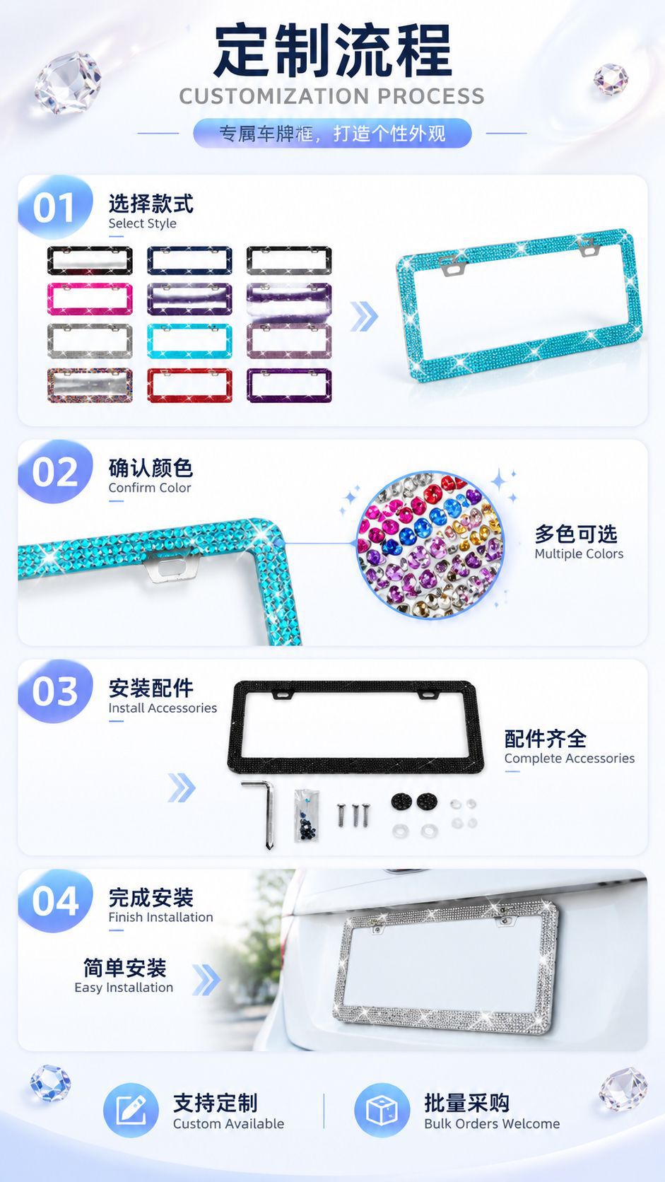Cross-border US-regulated license plate frame inlaid with rhinestone license plate frame North America Canada license plate frame wholesale delivery accessories