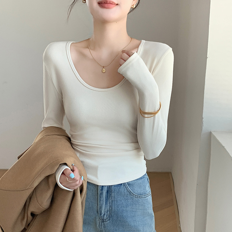 h257 coconut velvet big u-neck bottoming shirt autumn and winter brushed inner t-shirt long sleeve waist tight slim fit flab hiding peplum top