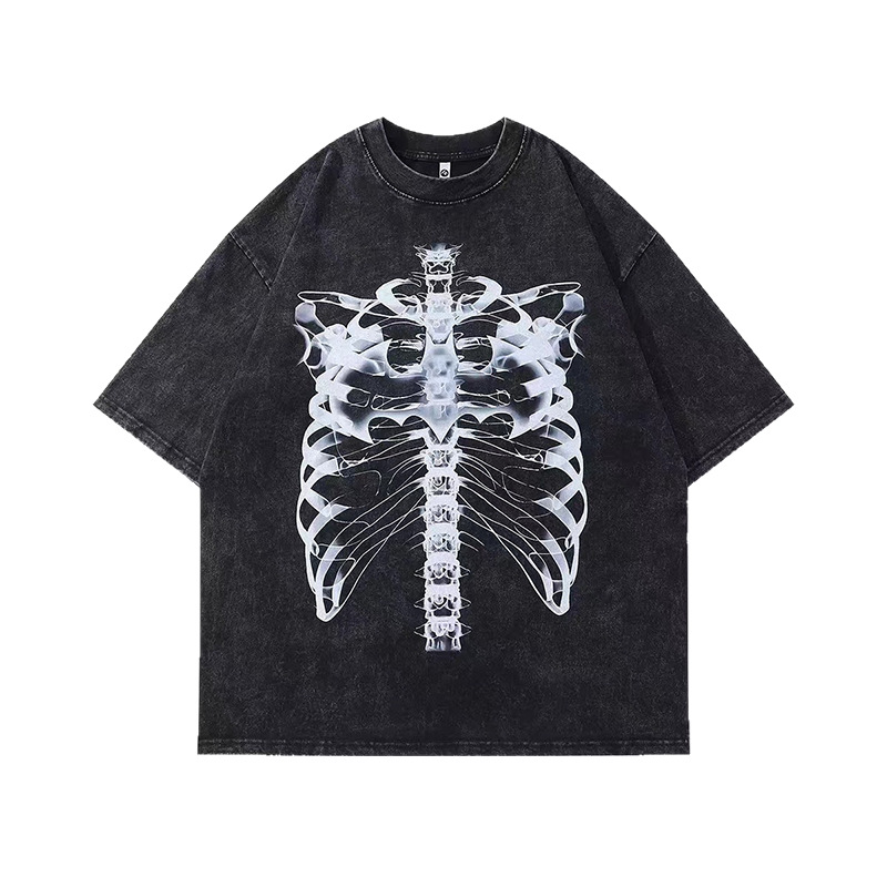 Calle alta americana lavado hace viejo esqueleto impreso camiseta de manga corta hombre y mujer oversize casual caer manga en la parte superior
