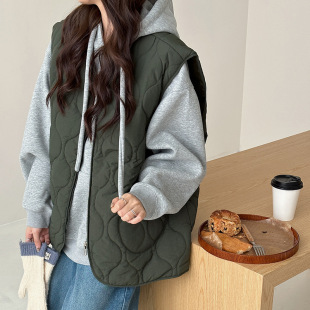 Cotton Vest Women's Short V-neck Loose Casual Rhomboid Lightweight Vest Autumn and Winter Sleeveless Jacket Cotton Vest