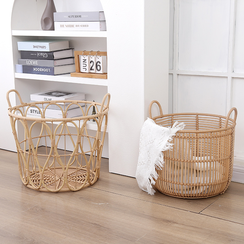 Cesta de almacenamiento hueca de imitación de ratán, cesta para la ropa sucia con asa de ratán hecha a mano, estilo natural.