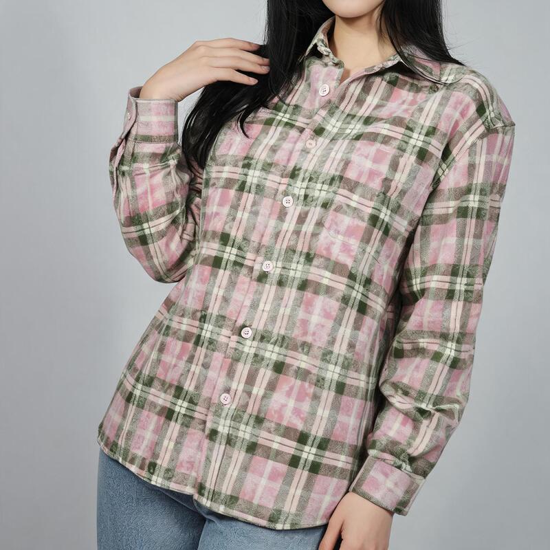 Autumn and winter flannel 100% pure cotton brushed plaid shirt for women, loose long-sleeve vintage casual versatile top for women