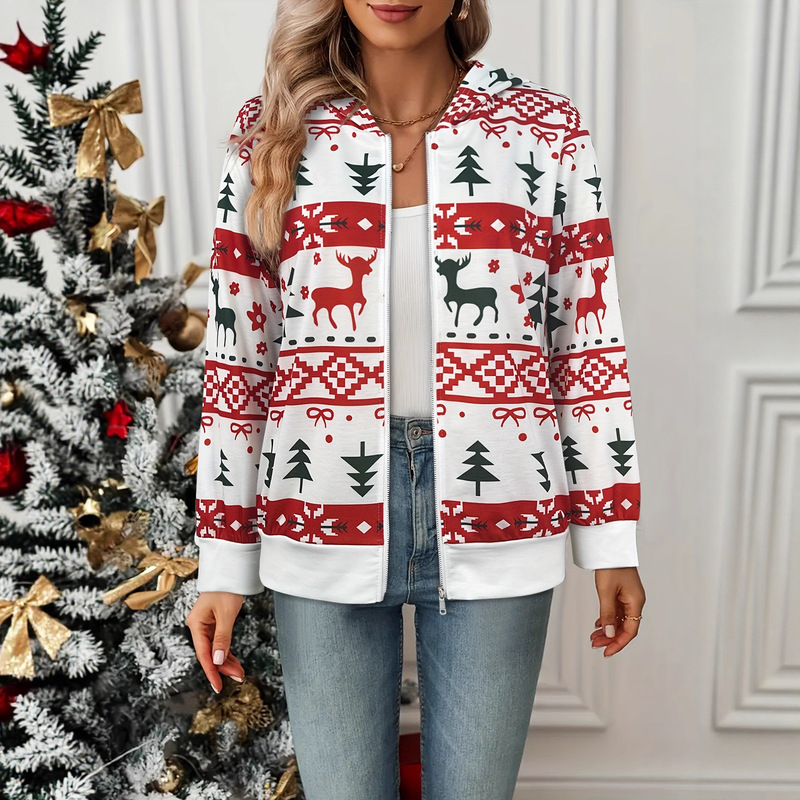 European and American Cross-Border Christmas Elk Christmas Tree Elements Festive Atmosphere Hooded Women's Casual Jacket