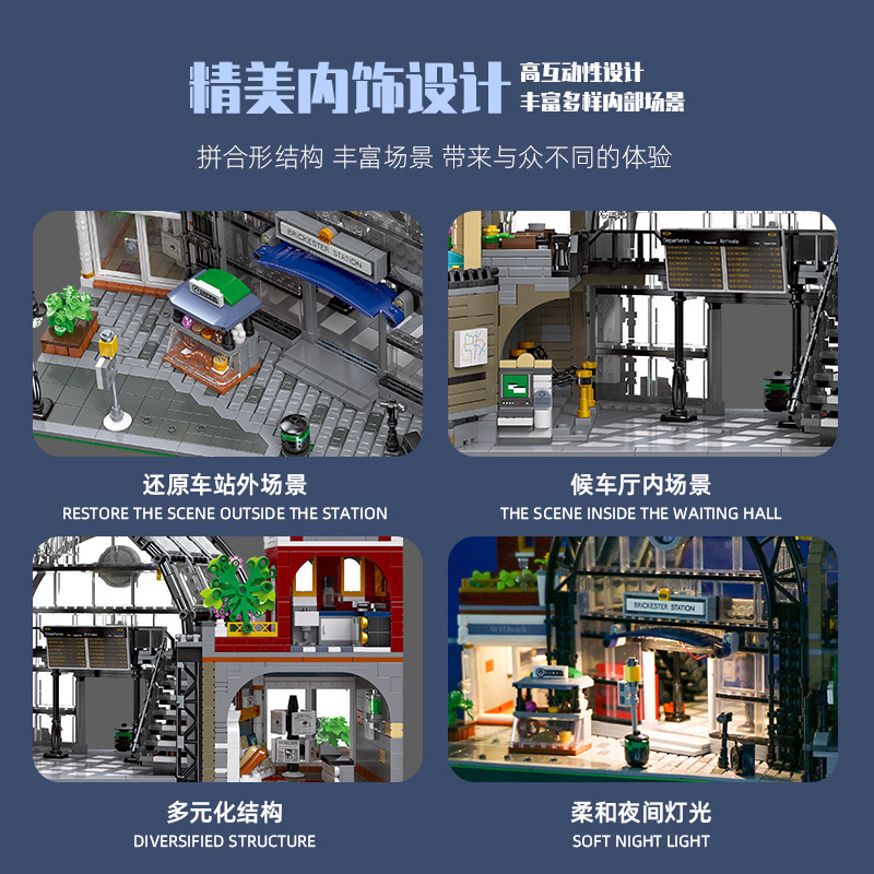 Jiexing 89154 Simulación de la estación de intersección de trenes Retro Street View Building Building Block MOC Light Toys Transfronterizo