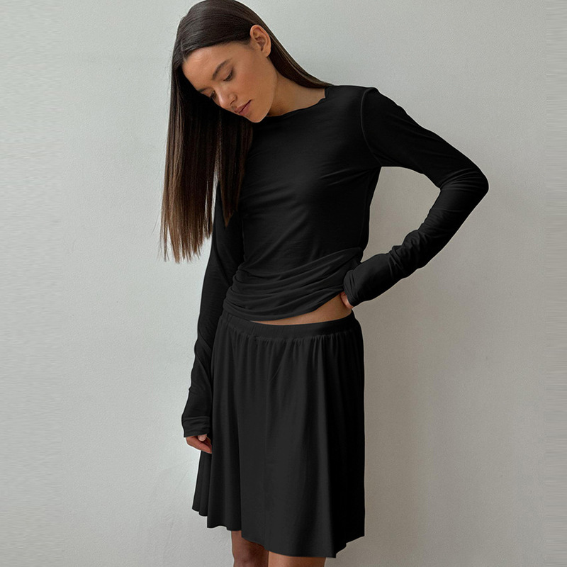 2026 Spring European and American New Style Comfortable Loose Breathable Long-Sleeved Short Skirt Pajamas Two-Piece Set Cross-Border Home Wear Wholesale