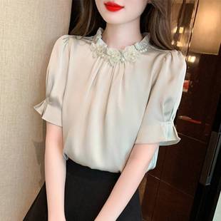 Summer new high-end loose slimming short-sleeved shirt for women French niche ruffled pullover shirt top