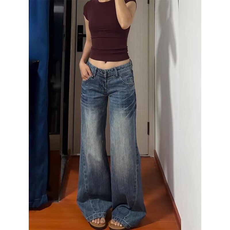 Korean Style Petite Faded Washed Silhouette Design Jeans for Women, Summer New Slimming Straight-Leg Bootcut Pants for Commuting