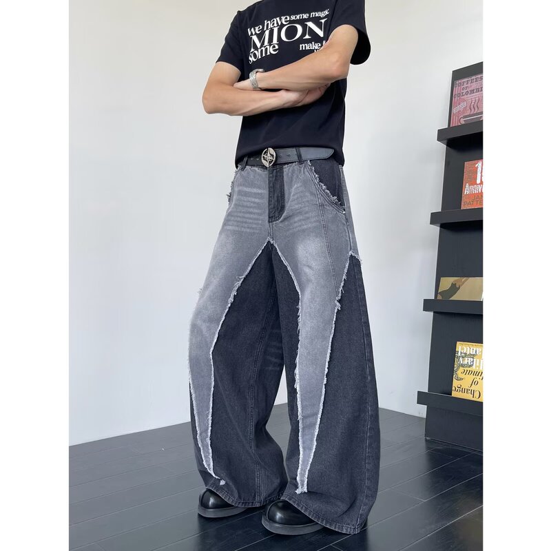 Patchwork Color-Blocking Women's High Street Niche Summer Washed Denim Pants with a Masculine Design, Raw Hem, Loose Wide-Leg Trousers Patchwork Color-Blocking Women's High Street Niche Summer Washed Denim Pants with a Masculine Design, Raw Hem, Loose Wide-Leg Trousers